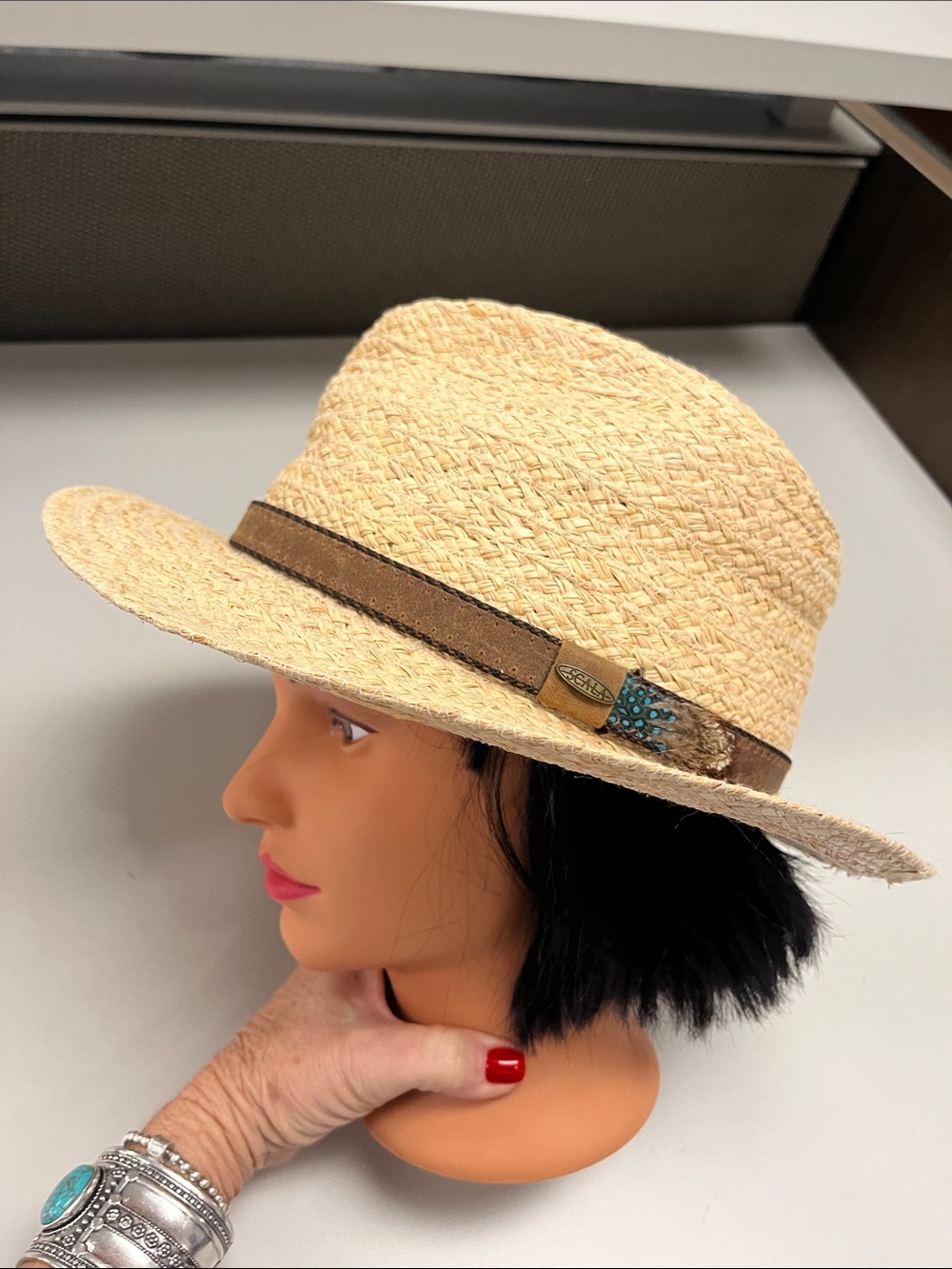 Scala Natural Straw Fedora with Brown Suede Band and Feather